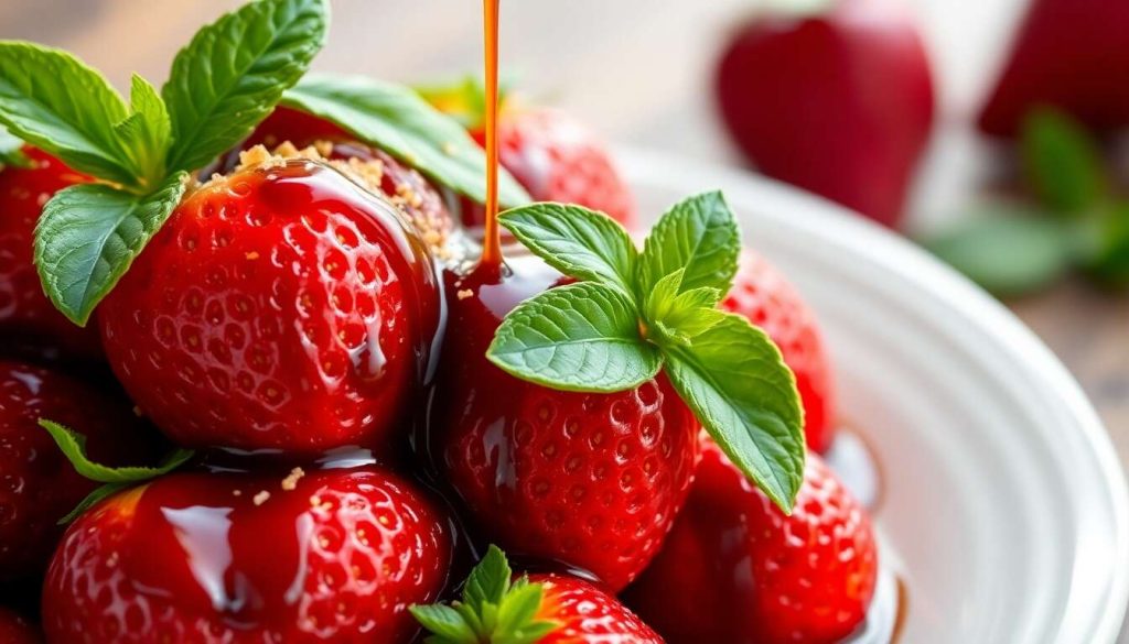 Fraises au caramel balsamique, sichuan, menthe et basilic : recette gourmande