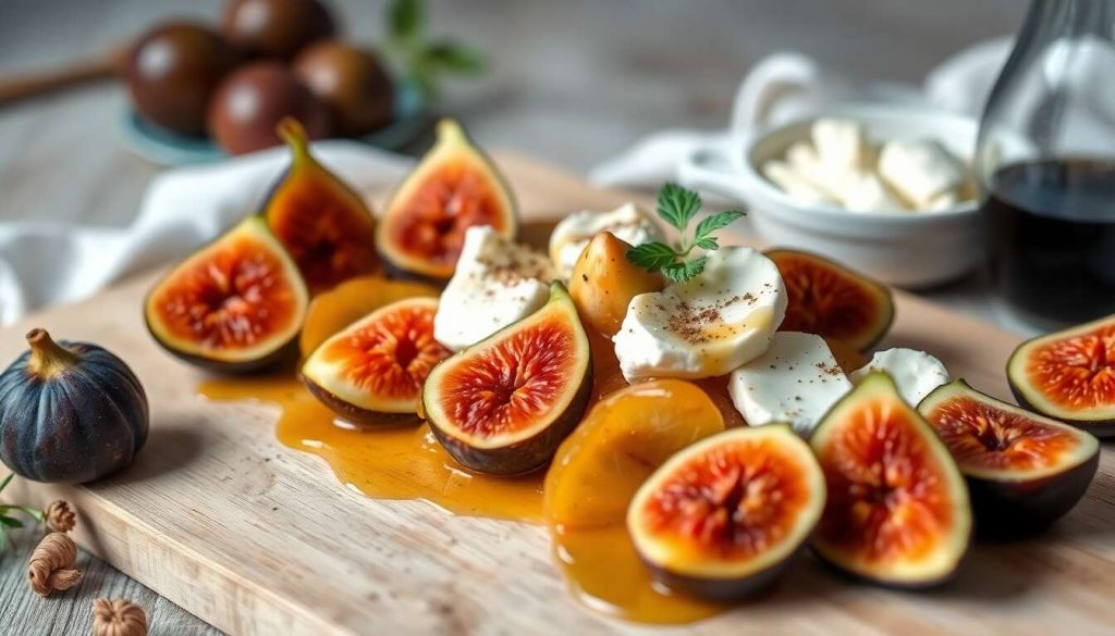 Carpaccio de figues poêlées au miel épicé et chèvre frais