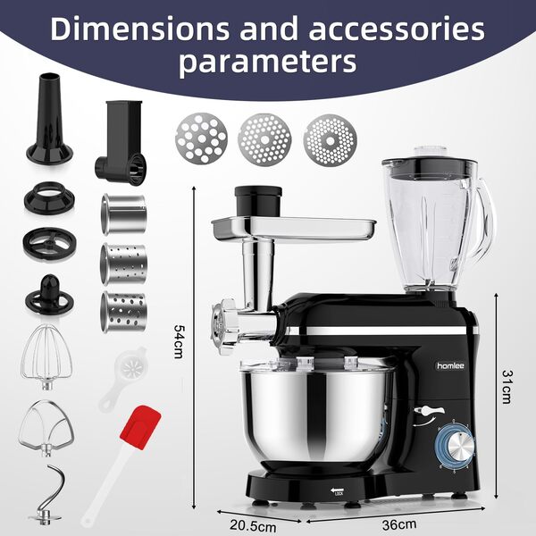 Homlee 3 en 1 Robot Pâtissier,2000W Robot Cuisine Multifonctions,avec Hachoir à viande,1,5 L Extracteur de jus,Kit pour Saucisses,3 Plaques de Broyage,5.5L Bol d'Acier Inoxydable (Noir)