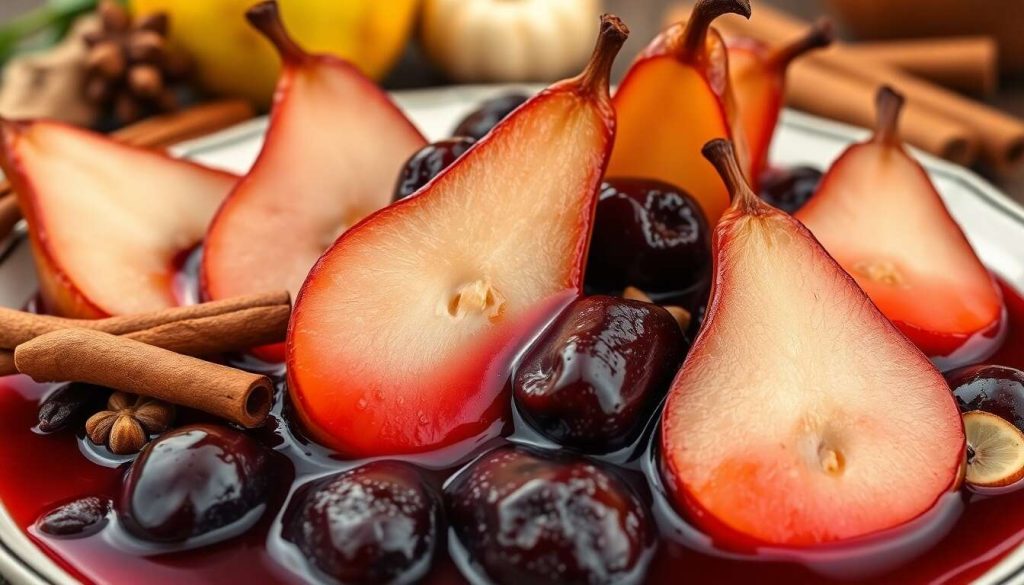 Poires et pruneaux pochés au vin rouge et épices : recette d'hypocras