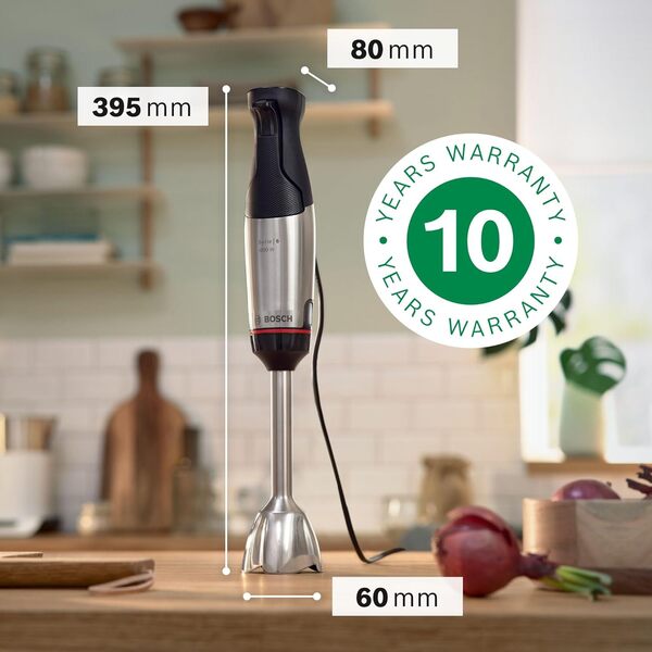 Bosch, mixeur plongeant, ErgoMaster Série 6, moteur 1000 watts refroidi par air, variateur de vitesse extra large, système de mixage QuattroBlade System Pro, accessoires inclus, MSM6M673