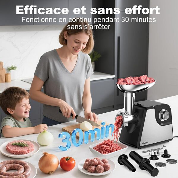 Hachoir à Viande Électrique Juissiart, Avec Lame de Broyage en Acier Inoxydable, 3 Plaques de Broyage, Accessoire à Biscuits, Tube à Saucisses, Accessoire Kubbe, Mode 2 Vitesses, ETL Approved