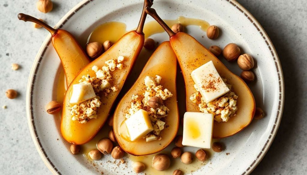 Recette de poires épicées farcies au Bleu des Causses et noisettes