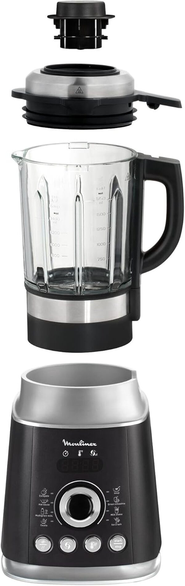Moulinex LM962B10 Blender Chauffant Ultrablend Cook Mixeur Électrique Bol Verre Capacité 2L Soupe Coulis Compote Lait Smoothie Glace Pilée 10 Vitesses Pulse 1300W Gris et Noir [Commandes en anglais]