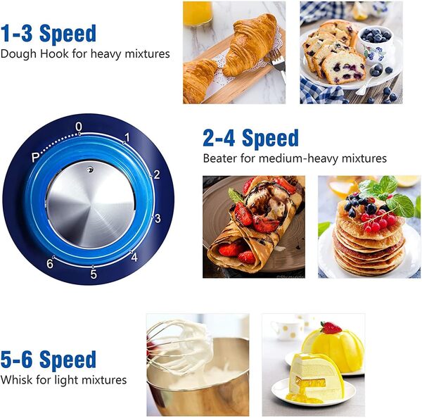 Robot Pâtissier Multifonctions 1500W, 6 Vitesses 5.5 L Batteur Electrique Cuisine Robot avec Fonction Pulse, Robot Mixeur Pâtisserie avec Fouet à Fils, Batteur, Crochet à Pétrin