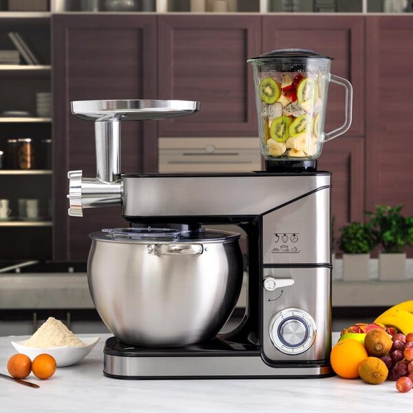 Royal Swiss Robot de Cuisine Multifonction 2000W – Bol Inox 12L, Blender 1,5L, Hachoir à Viande, Pétrin Planétaire, 6 Vitesses, Design Élégant – Robot Pâtissier Puissant et Polyvalent