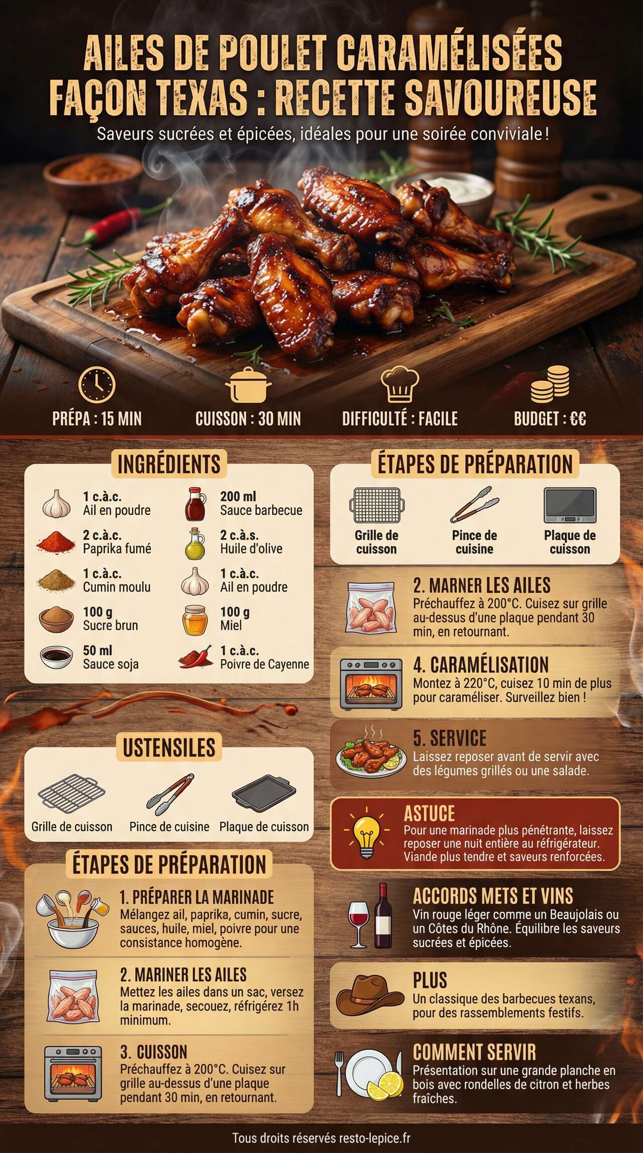 Infographie de la recette Ailes de poulet caram&eacute;lis&eacute;es fa&ccedil;on Texas : recette savoureuse