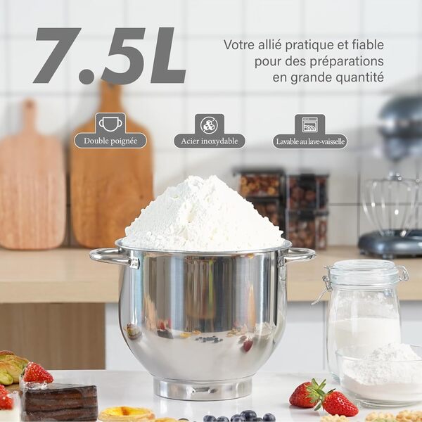 Kitchen in the box Robot Pâtissier 1400W, Bol 7,5L en Acier Inoxydable, 6 Vitesses, Tête Inclinable, Accessoires Inclus (Fouet, Crochet, Batteur), Idéal pour Pâtisserie et Boulangerie (Gris)