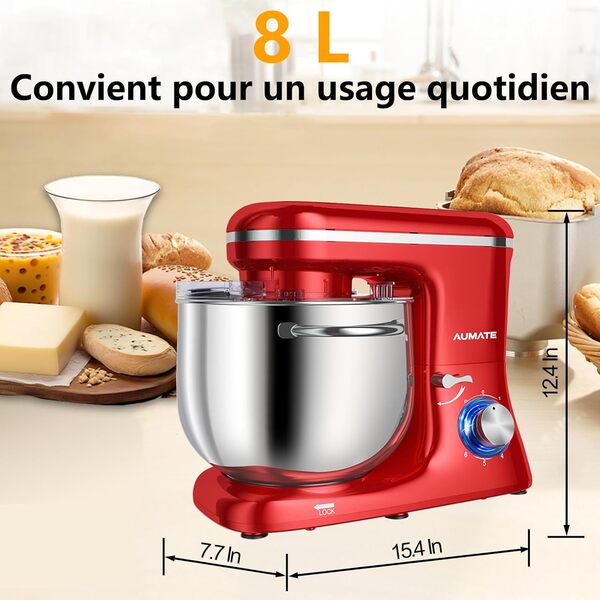 Aumate Robot Pâtissier, Robot de Cuisine Professionnel 1400 W 8 L, Robot Pétrin avec Fouet, Batteur et Crochet Pétrisseur, 6+P Vitesses (Rouge)