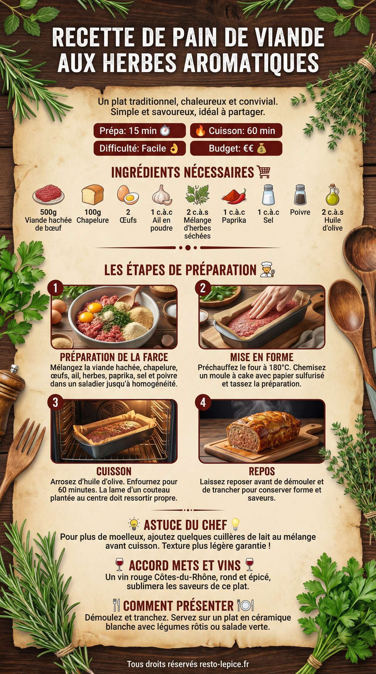 Infographie de la recette Recette de pain de viande aux herbes aromatiques