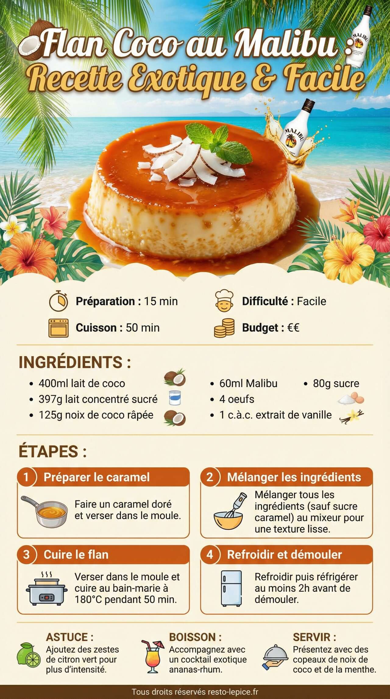 Infographie de la recette Flan coco au Malibu : recette exotique et facile