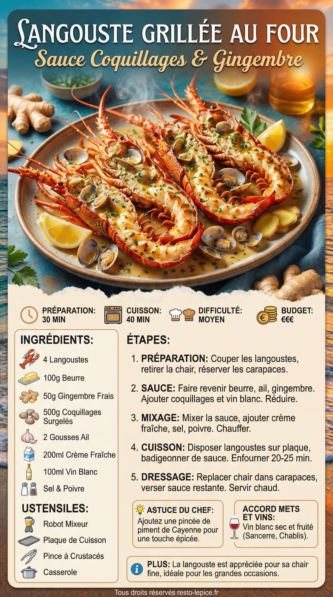 Infographie de la recette Langouste grill&eacute;e au four : recette sauce coquillages gingembre