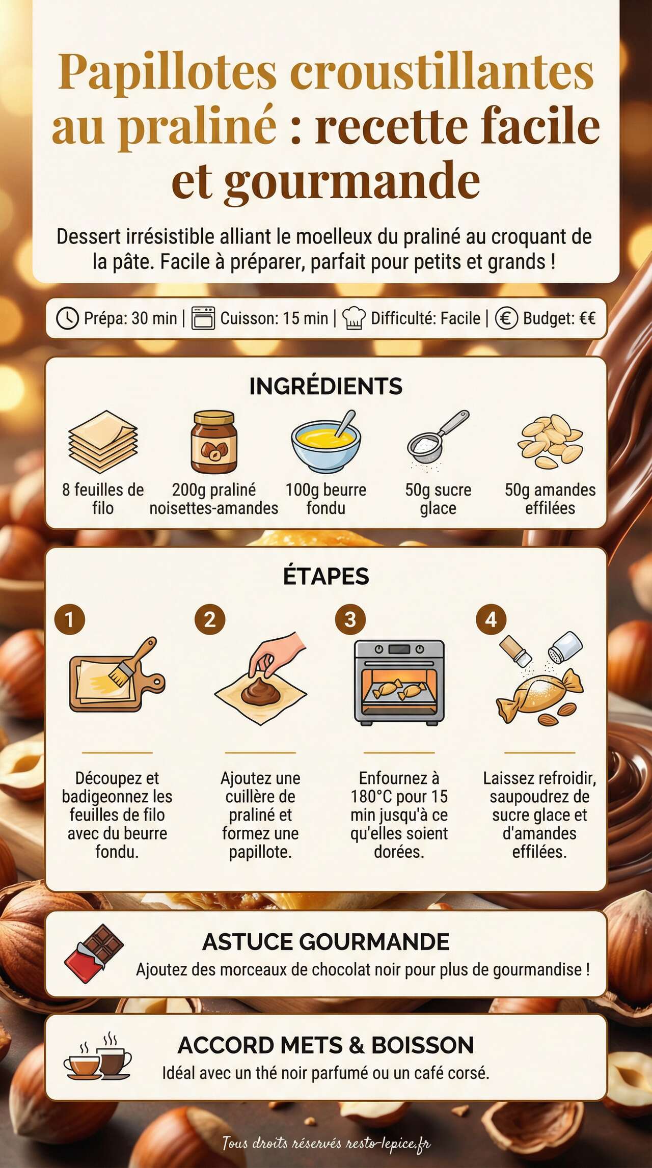 Infographie de la recette Papillotes croustillantes au pralin&eacute; : recette facile et gourmande