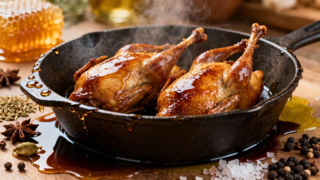 Cailles laquées au miel et quatre épices en cocotte