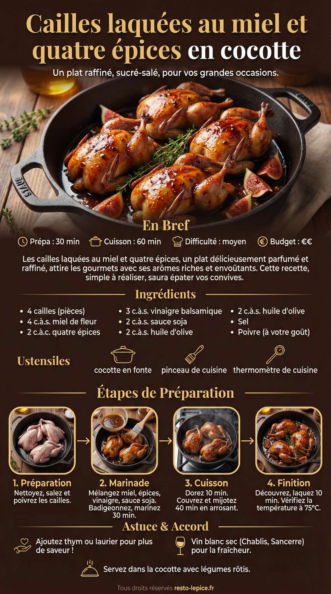 Fiche recette Cailles laqu&eacute;es au miel et quatre &eacute;pices en cocotte