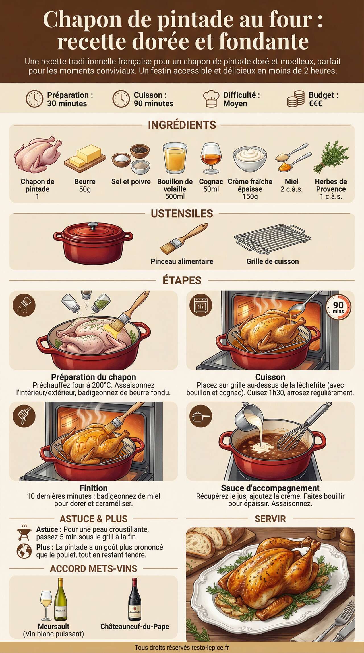 Fiche recette Chapon de pintade au four : recette dorée et fondante Fiche recette Chapon de pintade au four : recette dorée et fondante