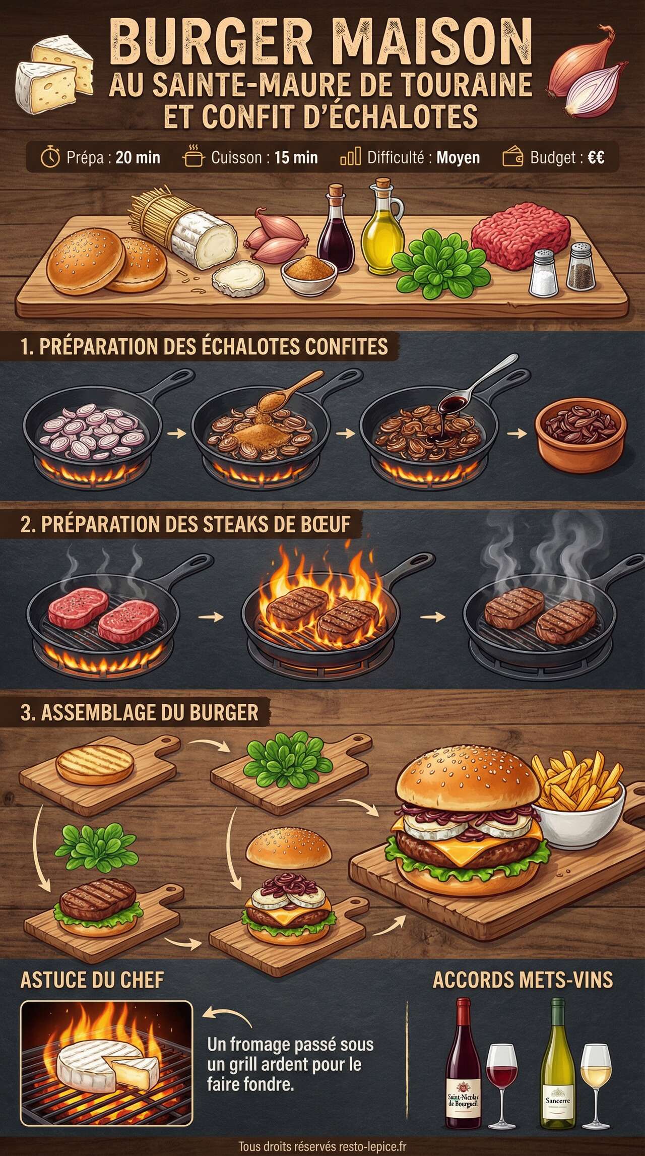 Fiche recette Burger maison au Sainte-Maure de Touraine et confit d'&eacute;chalotes