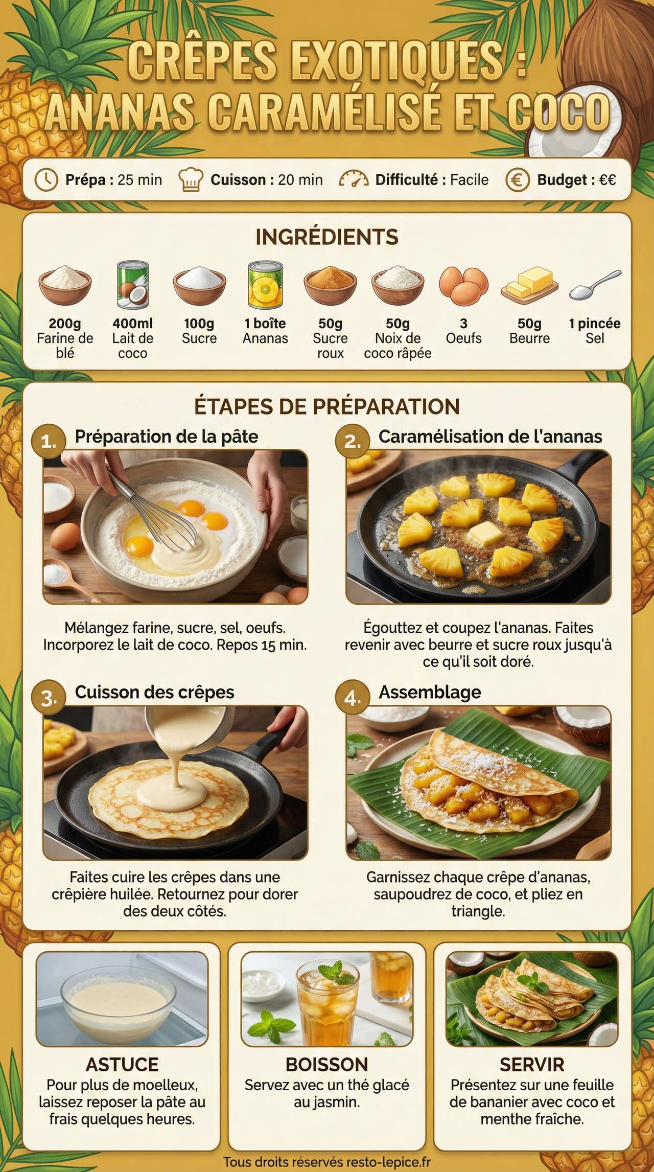Fiche recette Cr&ecirc;pes Exotiques : ananas Caram&eacute;lis&eacute; et Coco