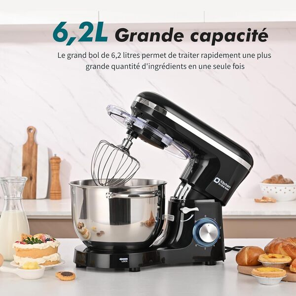 Kitchen in the box Robot Pâtissier 1400W, Bol 6,2L en Acier Inoxydable, 6 Vitesses, Fouet, Crochet et Batteur Inclus, Idéal pour Pâtisserie et Boulangerie (Noir)