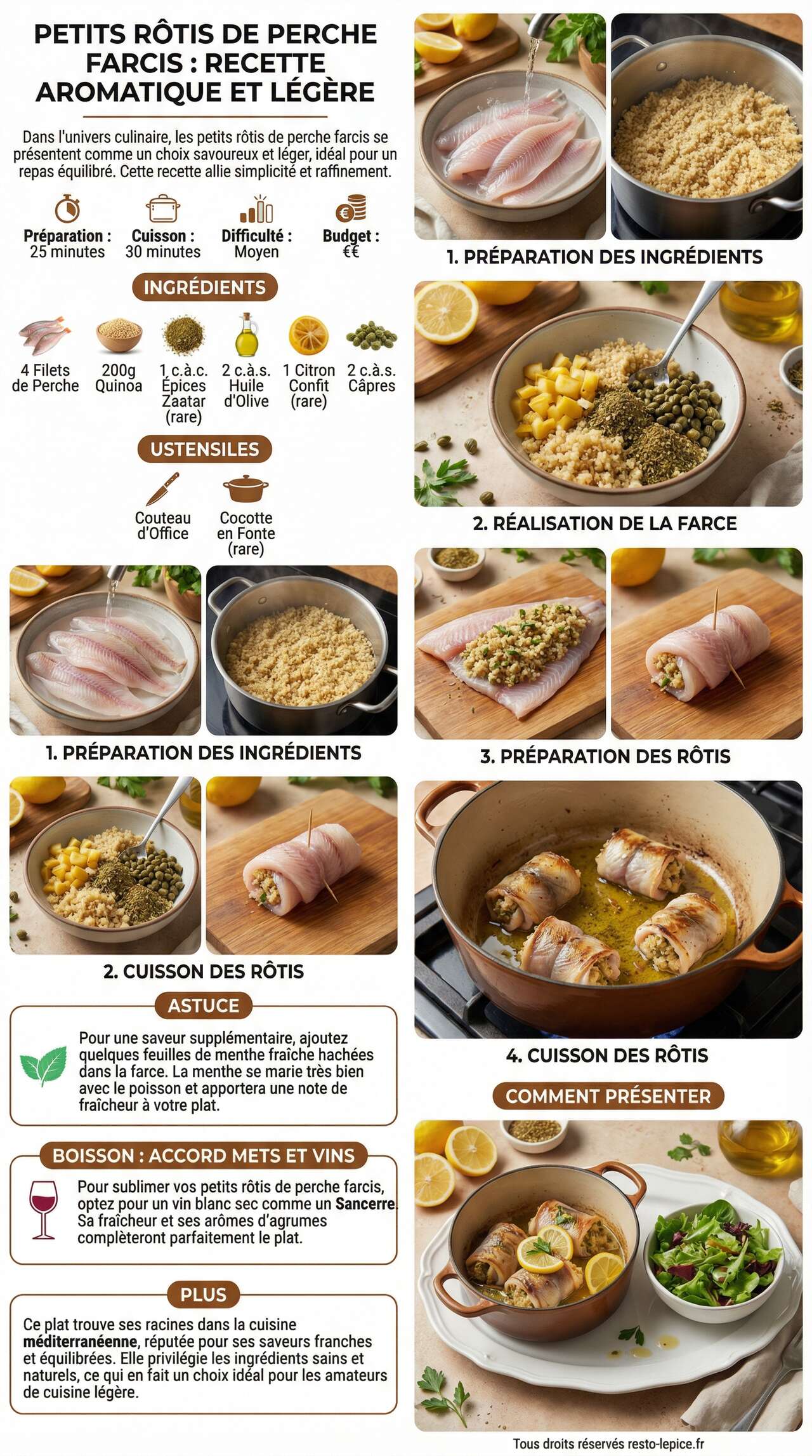 Fiche recette Petits r&ocirc;tis de perche farcis : recette aromatique et l&eacute;g&egrave;re