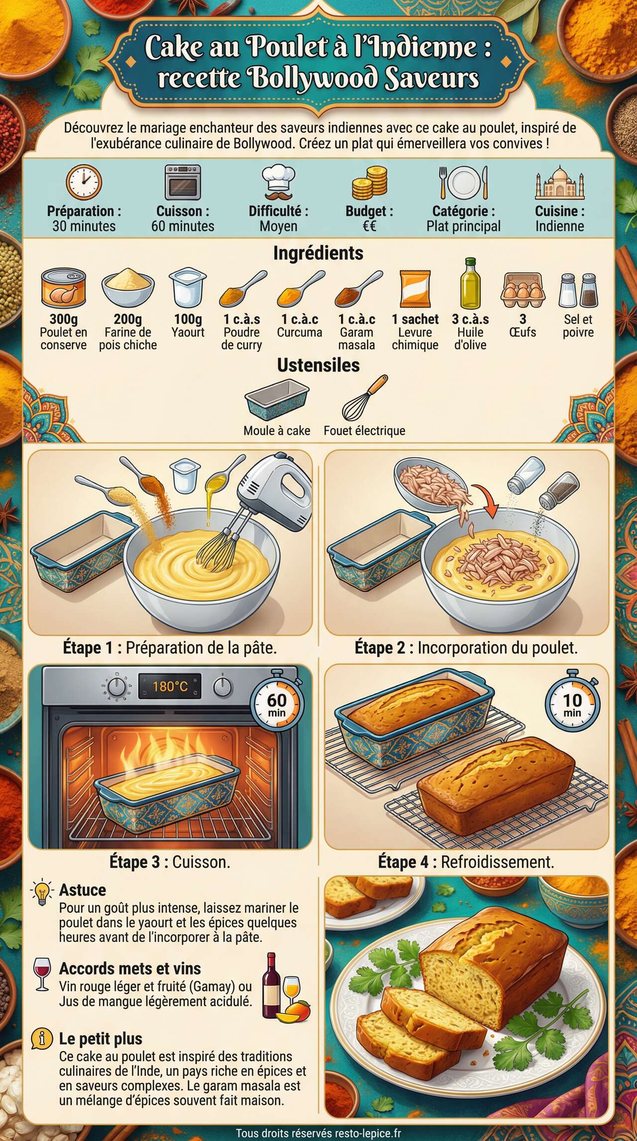 Fiche recette Cake au Poulet &agrave; l'Indienne : recette Bollywood Saveurs