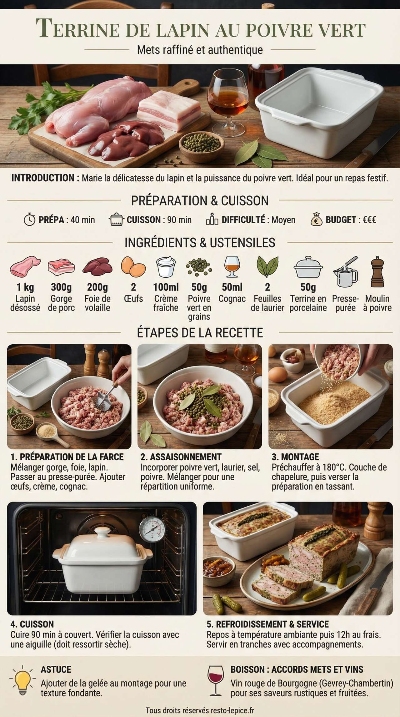 Fiche recette Recette : terrine de lapin au poivre vert