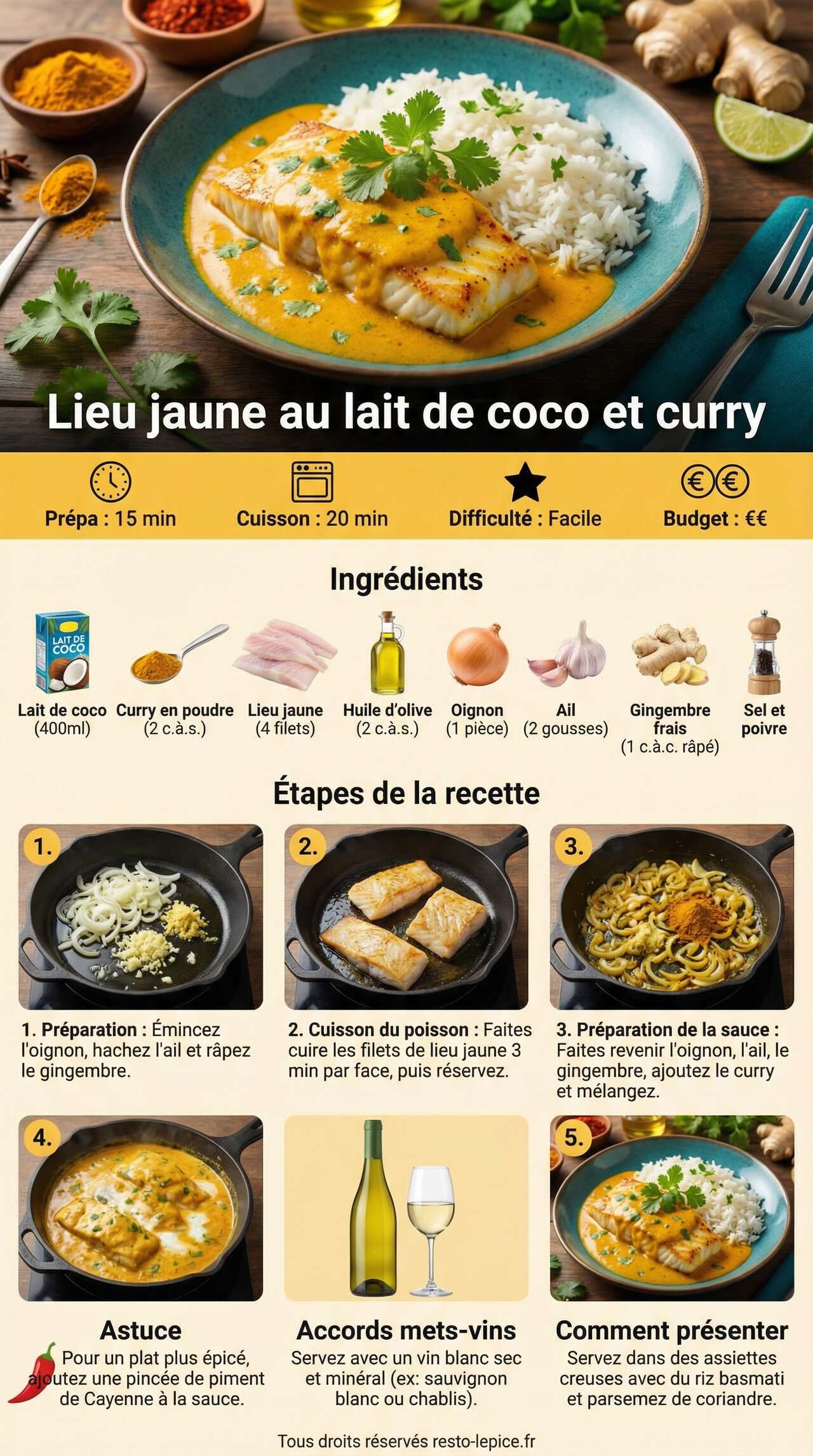 Fiche recette Lieu jaune : recette de sauce au lait de coco et curry