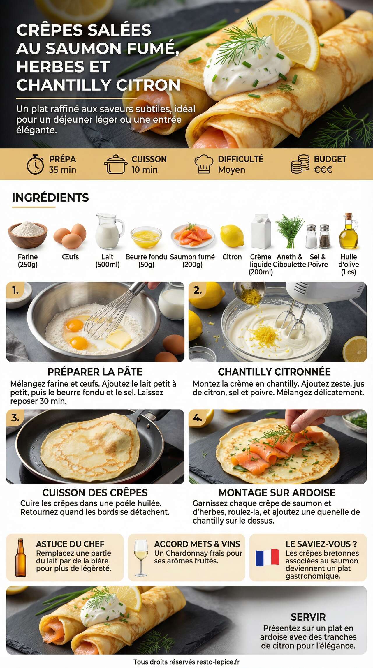 Fiche recette Crêpes salées au saumon fumé, herbes et chantilly citron Fiche recette Crêpes salées au saumon fumé, herbes et chantilly citron