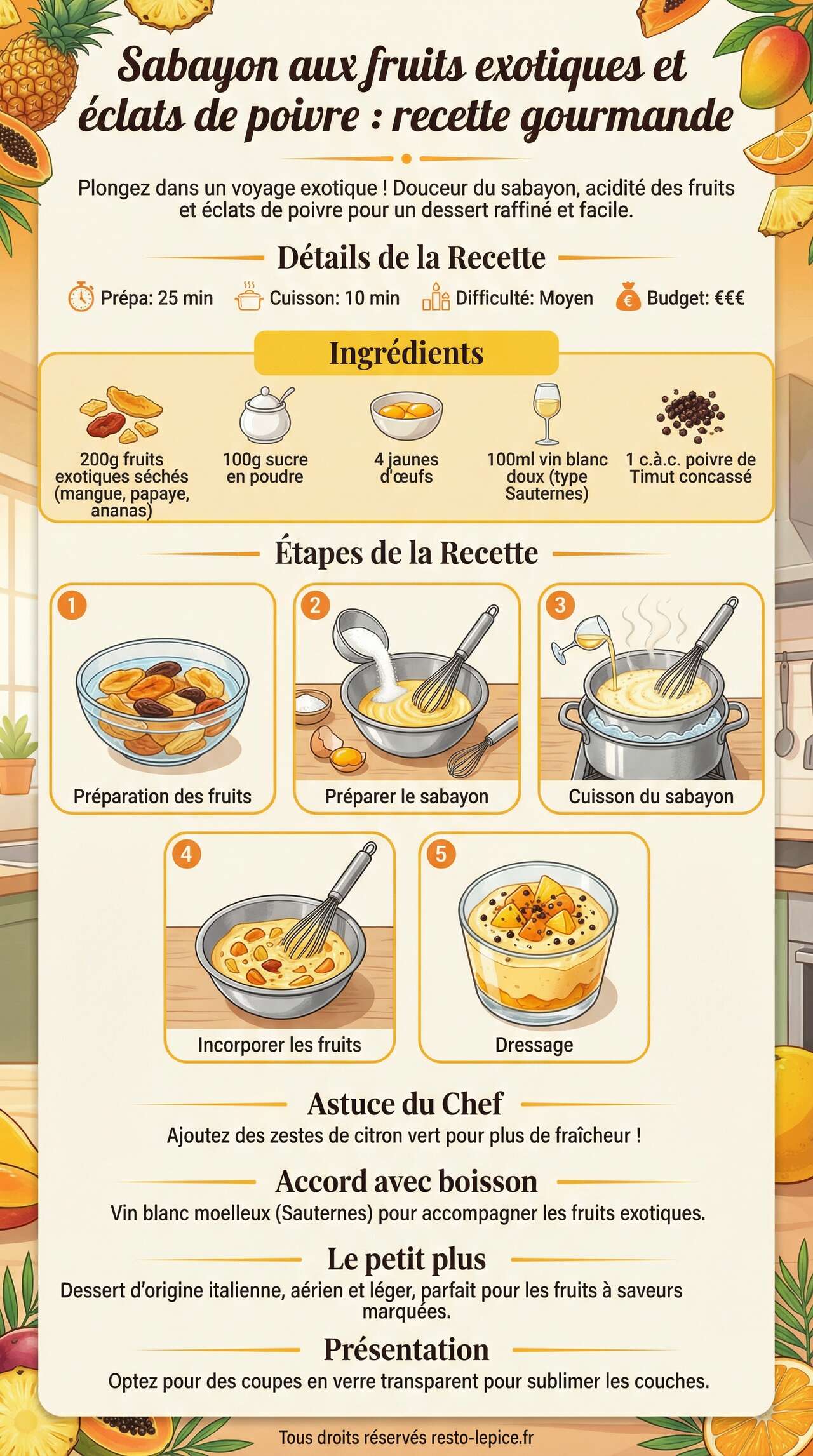 Fiche recette Sabayon aux fruits exotiques et &eacute;clats de poivre : recette gourmande