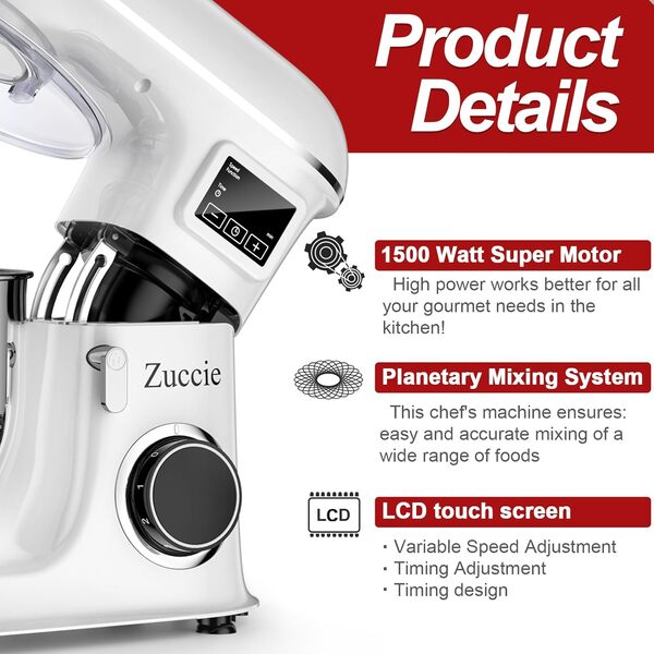 Robot Pâtissier 1500W 8L Robot Patissier Multifonctions Écran LCD + Fonction de Fermentation Robot Petrin avec Fouet, Batteur, Crochet et Pare-éclaboussures,6 Vitesses (Blanc)