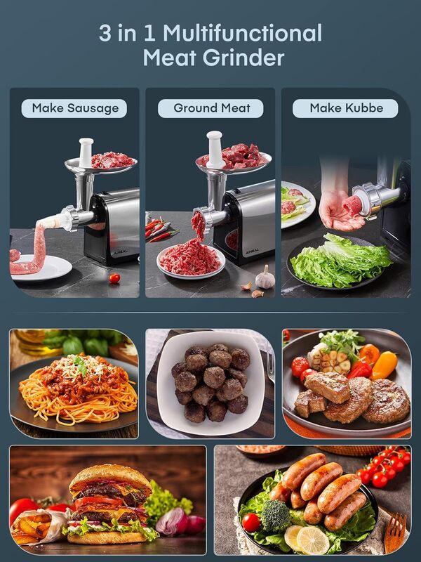 Hachoir à viande électrique, farce à saucisses avec 3 tubes à saucisses, 2 lames, 3 plaques, 3 200 W maximum, hachoir à viande robuste pour usage domestique en acier inoxydable (noir)