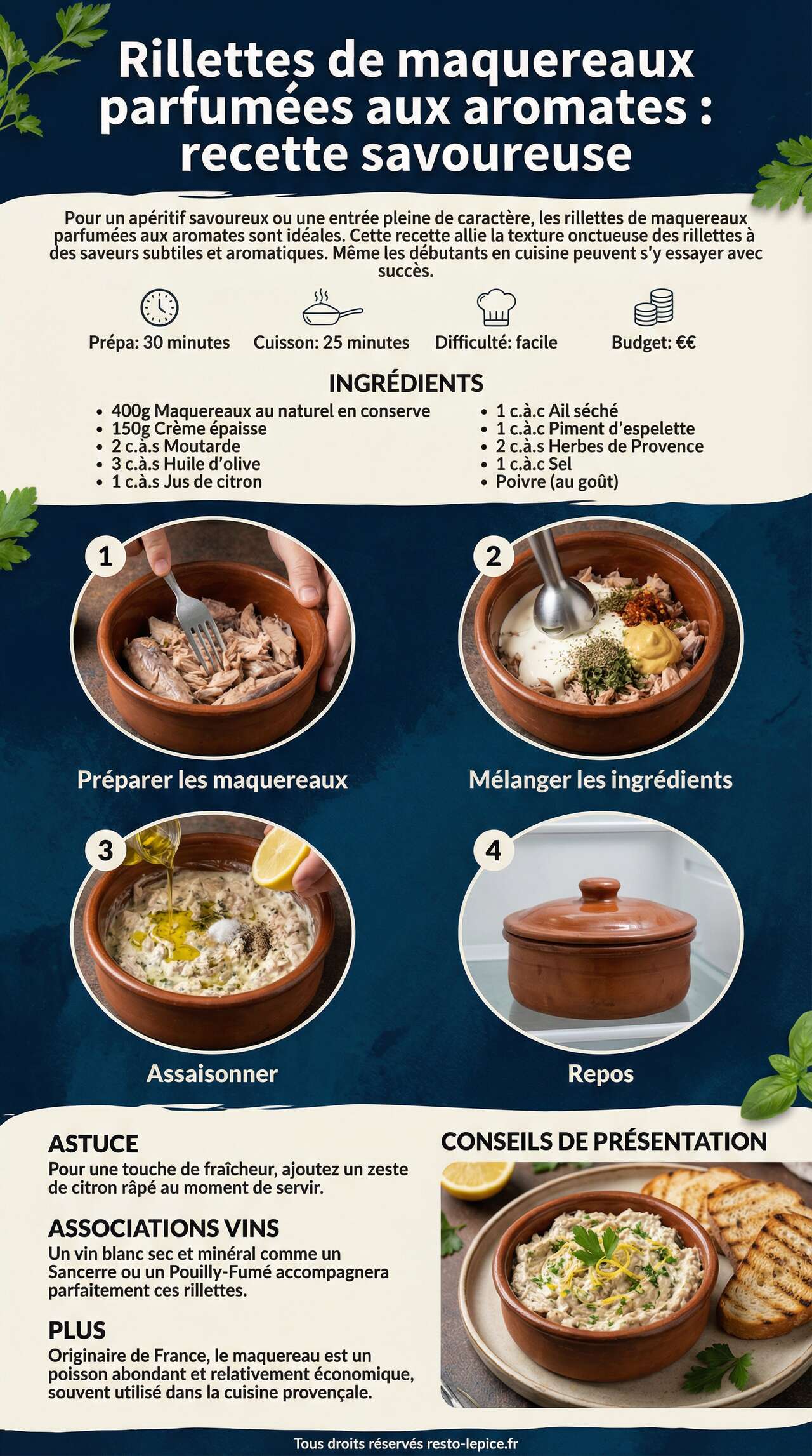 Fiche recette Rillettes de maquereaux parfumées aux aromates : recette savoureuse Fiche recette Rillettes de maquereaux parfumées aux aromates : recette savoureuse