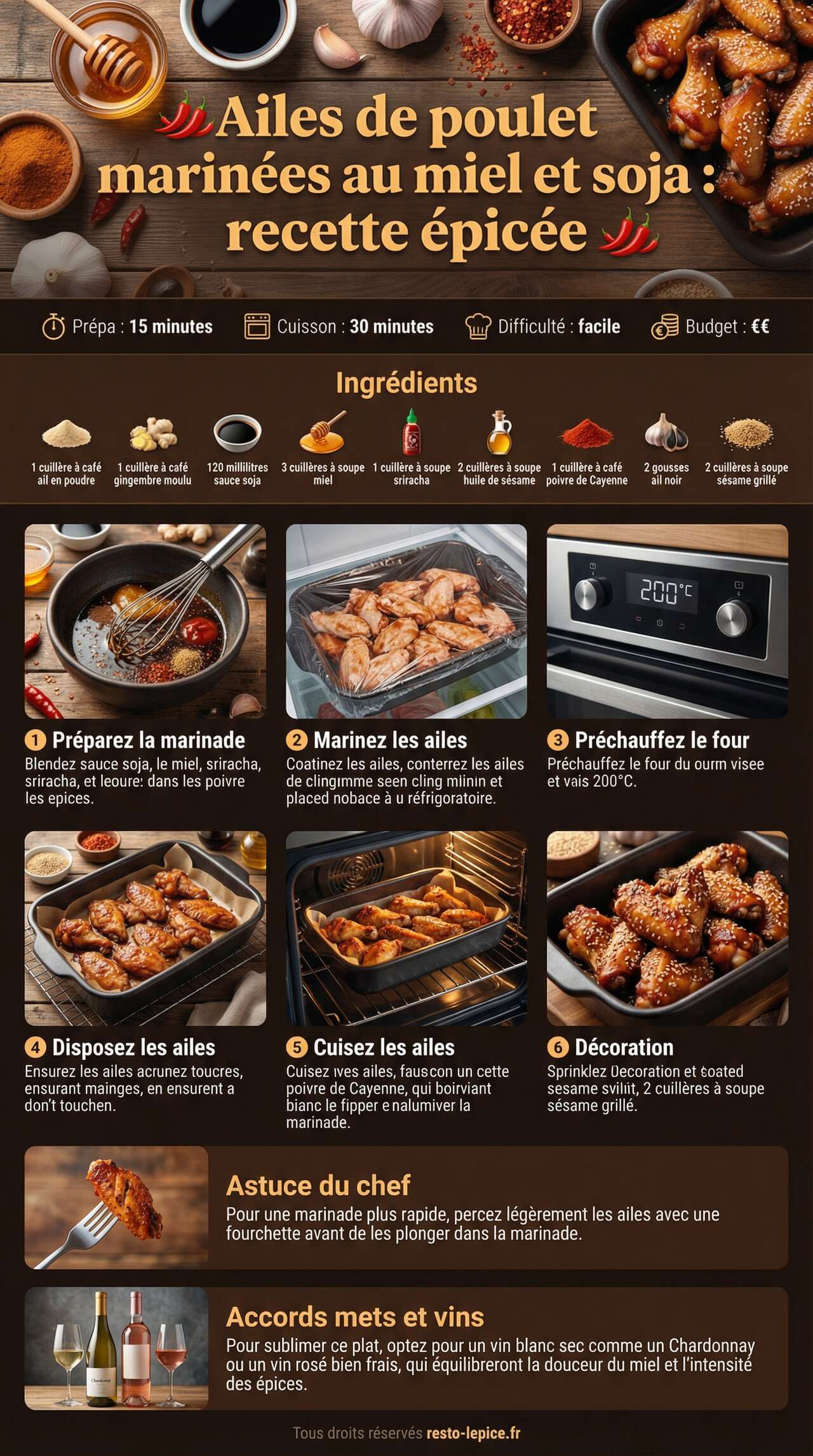 Fiche recette Ailes de poulet marin&eacute;es au miel et soja : recette &eacute;pic&eacute;e