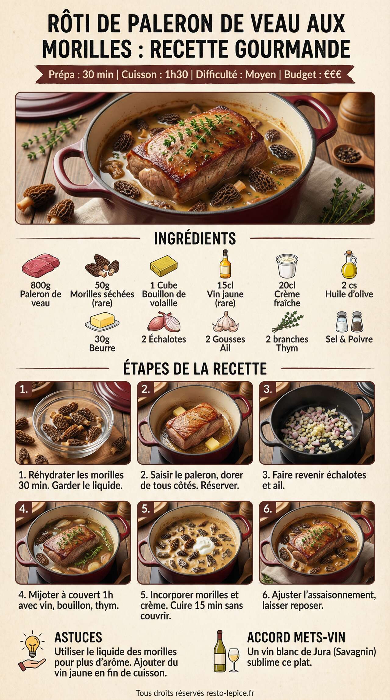 Fiche recette Rôti de paleron de veau : recette gourmande aux morilles Fiche recette Rôti de paleron de veau : recette gourmande aux morilles