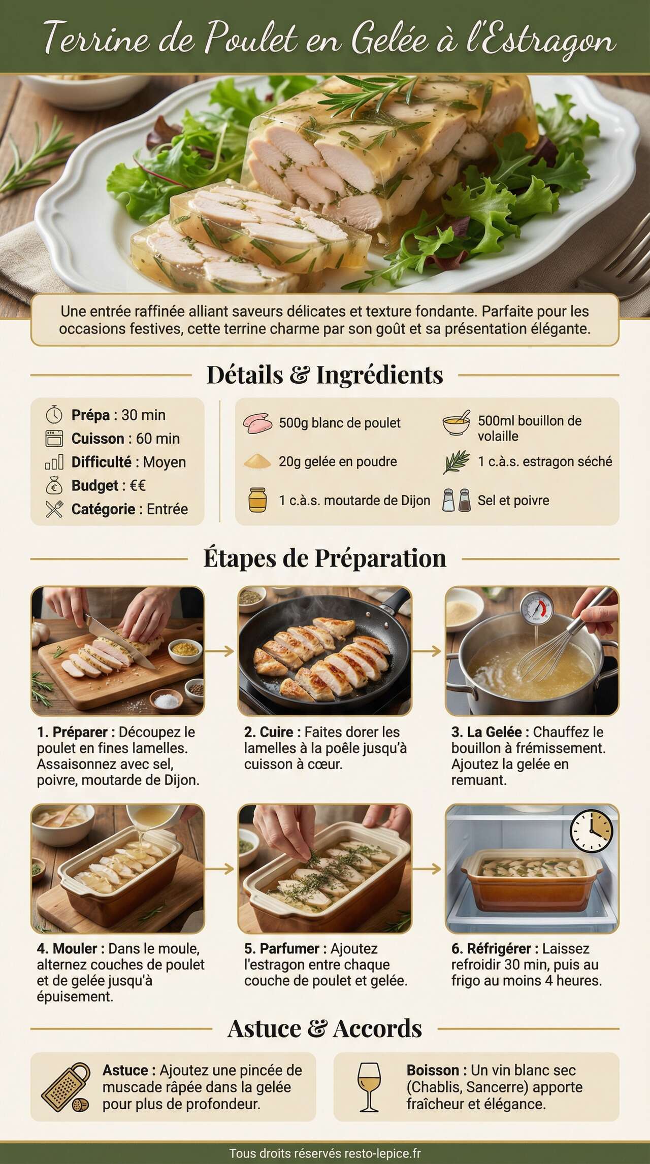 Fiche recette Recette : terrine de Poulet en Gel&eacute;e &agrave; l'Estragon