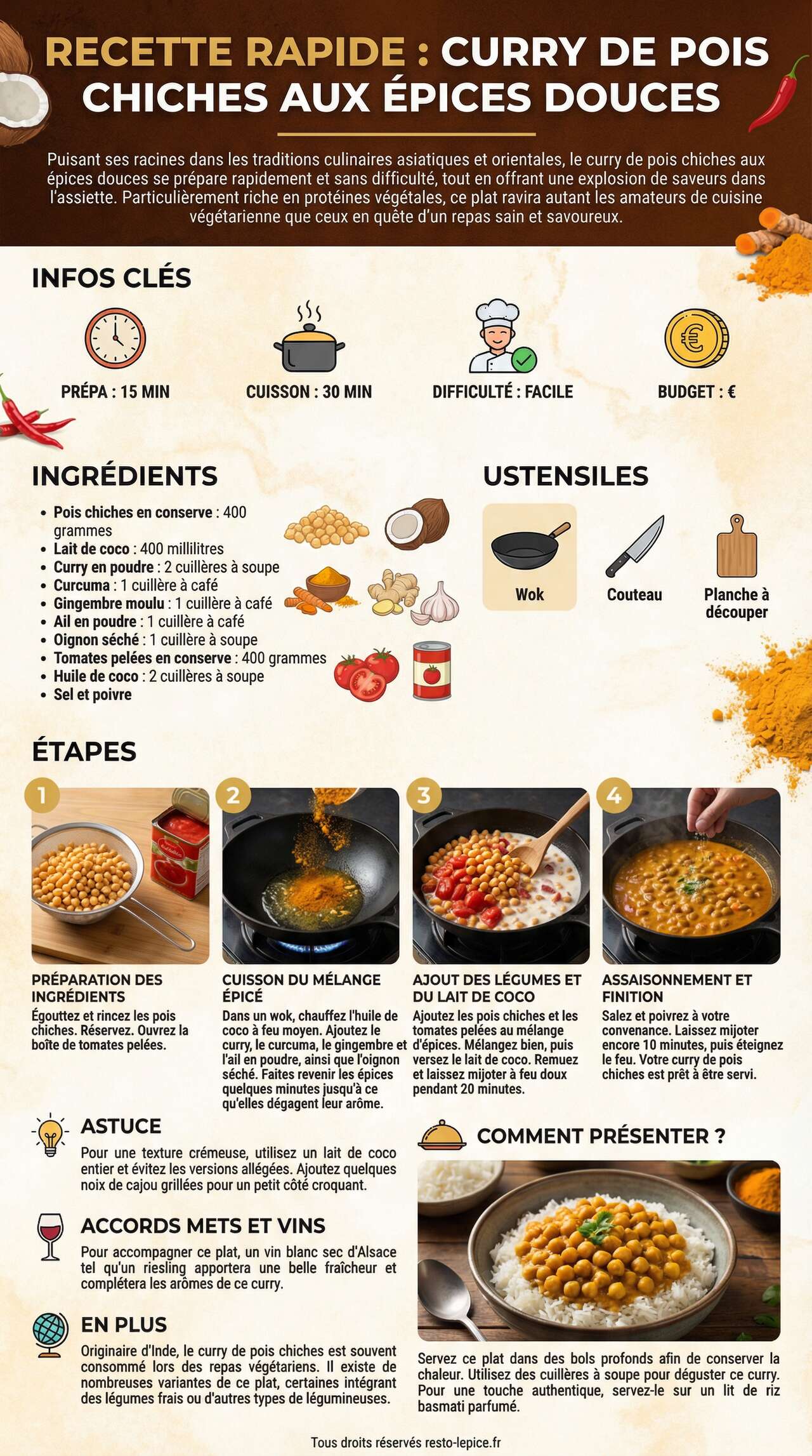 Fiche recette Recette rapide : curry de pois chiches aux &eacute;pices douces