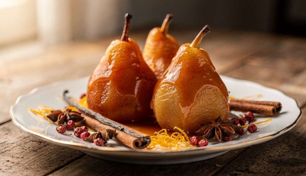 Poires pochées au Monbazillac et aux épices : recette gourmande