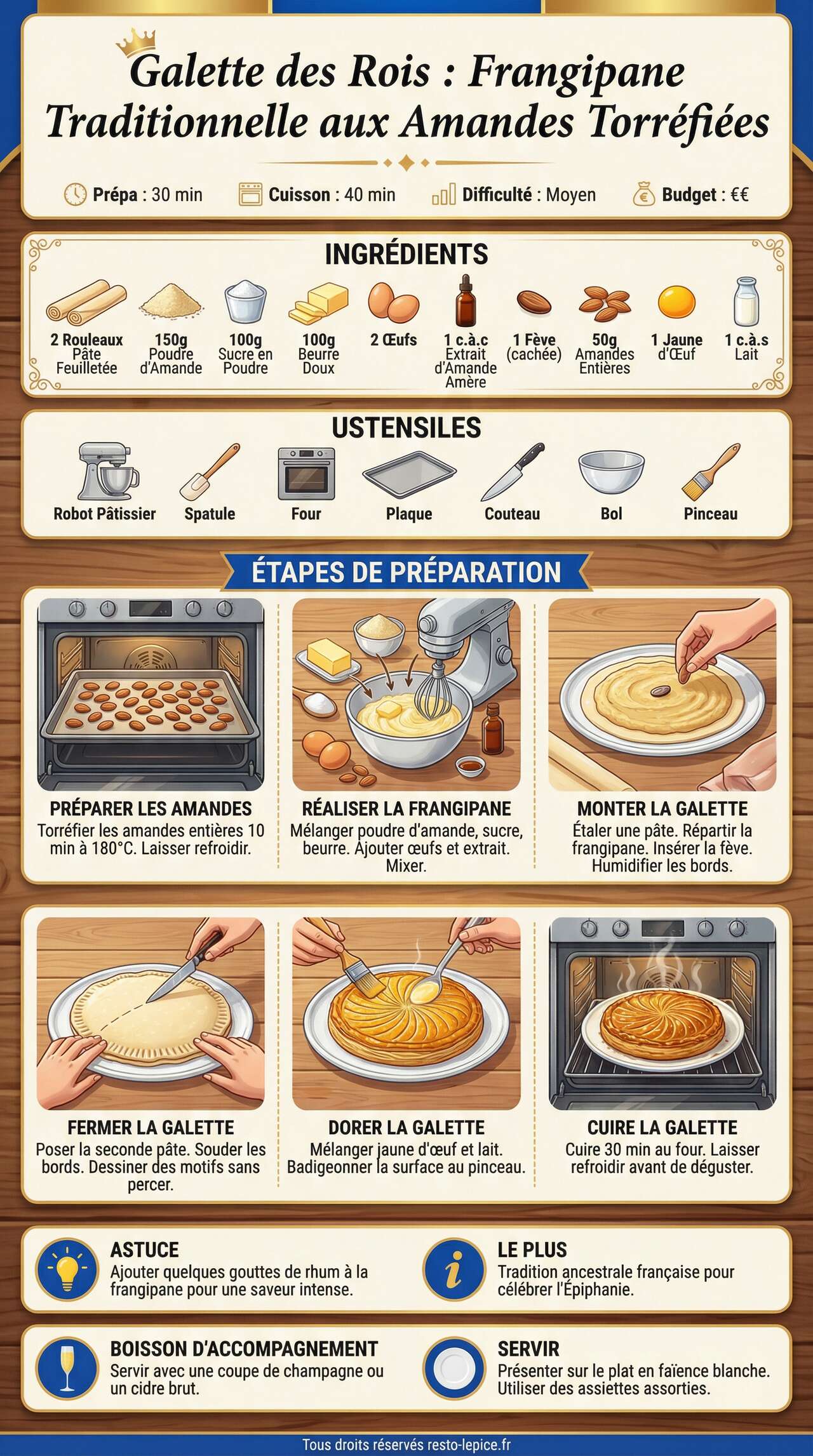 Fiche recette Recette de la galette des rois : frangipane traditionnelle aux amandes torr&eacute;fi&eacute;es