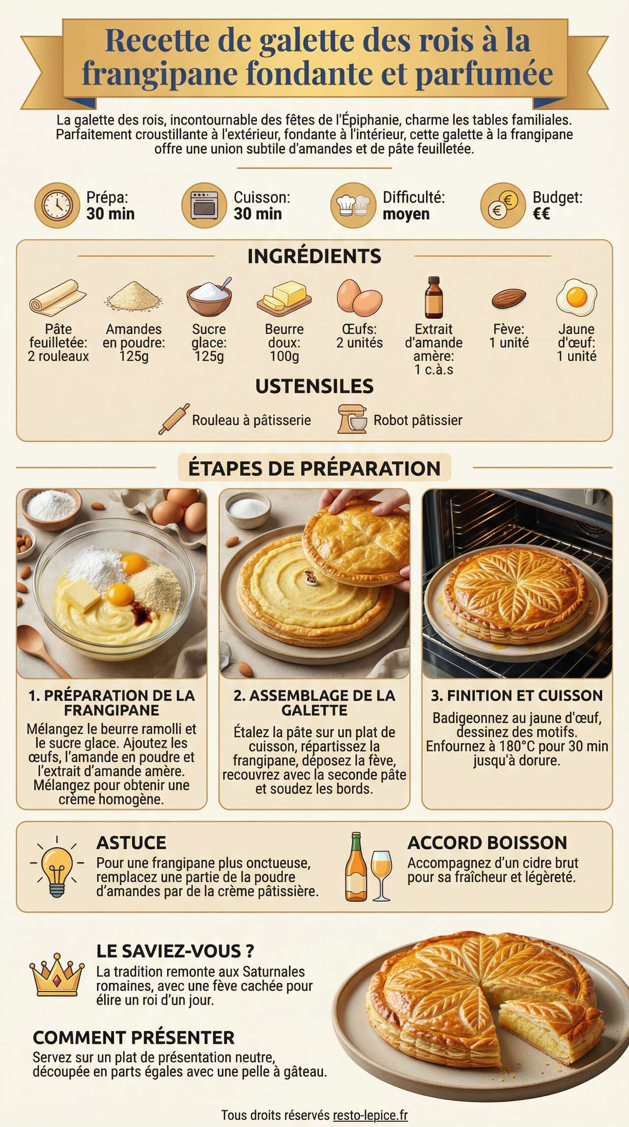 Fiche recette Recette de galette des rois &agrave; la frangipane fondante et parfum&eacute;e