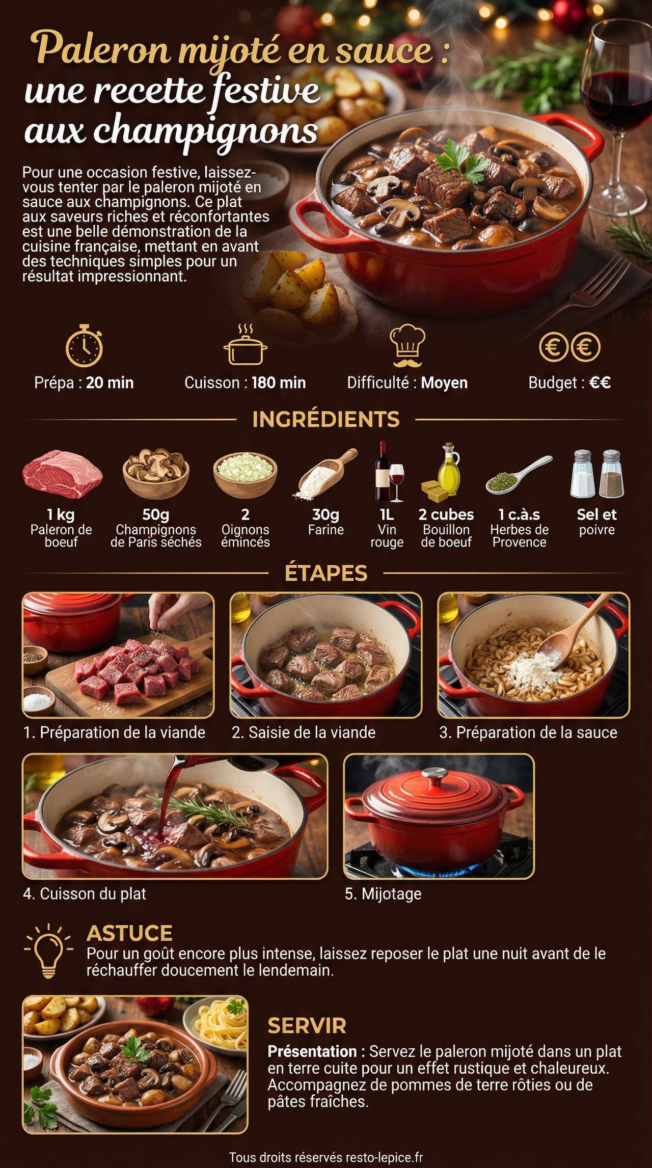 Fiche recette Paleron mijot&eacute; en sauce : une recette festive aux champignons