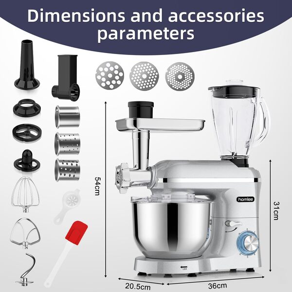 Homlee 3 en 1Robot Pâtissier 2000W Robot Patissier Multifonctions, avec Hachoir à Viande 1,5L Électrique de Jus,5.5L Bol Mélangeur,Fouet,Crochet Pétrisseur,Batteur