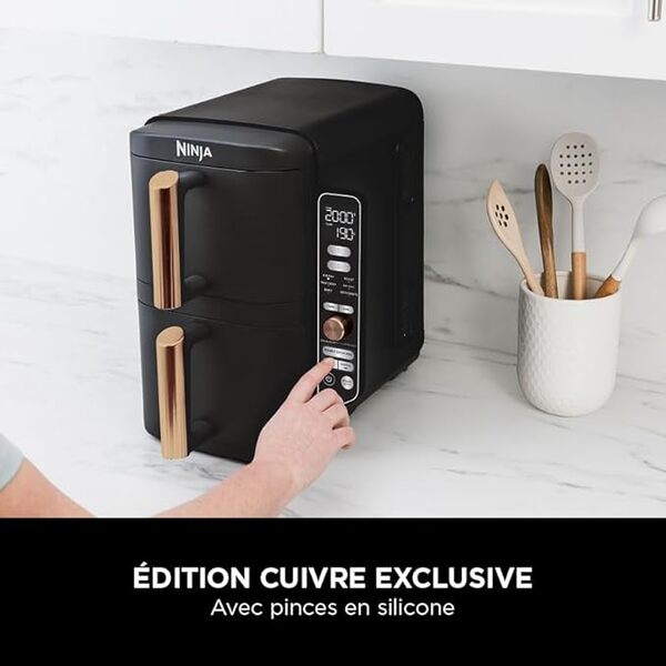 NINJA Double Stack XL Air Fryer 2 Compartiments Verticale, Compact, 4 Niveaux de Cuisson, Capacité de 9,5L, Air Fryer 6-en 1, Pièces Antiadhésives Amovibles Lavables Au Lave-Vaisselle, Noir/Cuivre