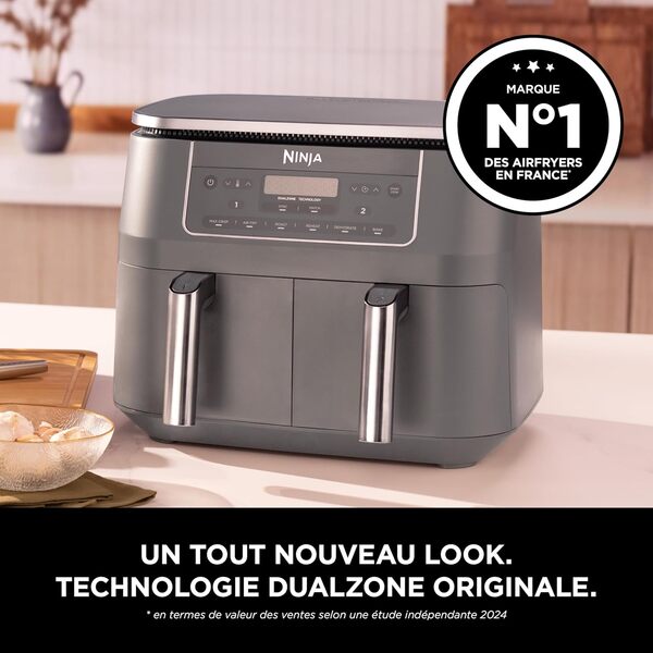 Ninja Air Fryer Dual Zone numérique, Friteuse à air électrique, 2 compartiments, 7,6 L, 6-en-1, Friteuse sans huile, Croustillant max, Rôtir, Cuire au four, Déshydrater, Réchauffer, Gris métal DZ300EU