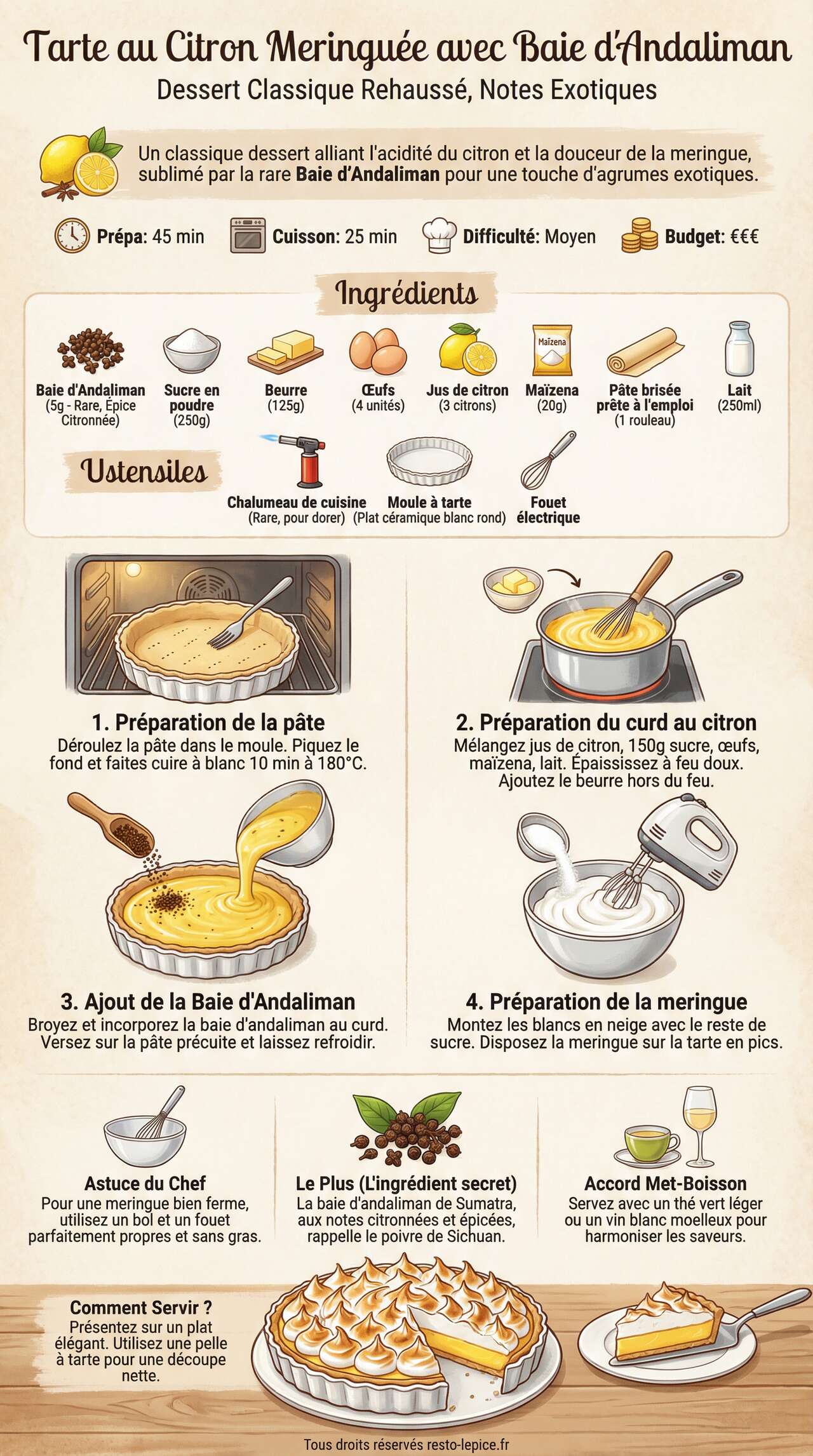 Fiche recette Recette Tarte au Citron Meringu&eacute;e avec Baie d'Andaliman