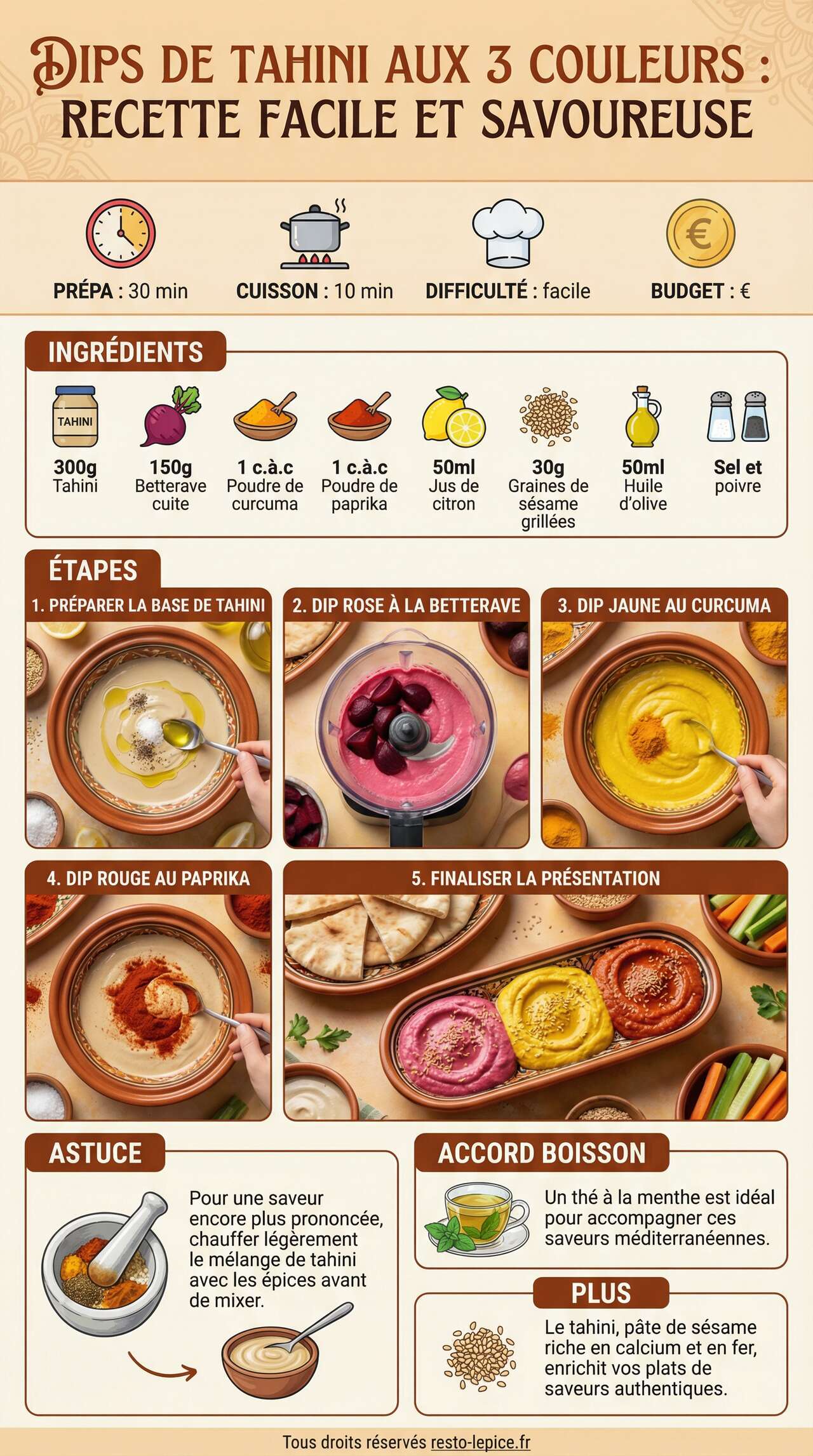 Fiche recette Dips de Tahini aux 3 Couleurs : recette Facile et Savoureuse