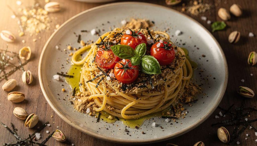 Recette : pâtes à la sauce crudaiola et dukkah aux algues