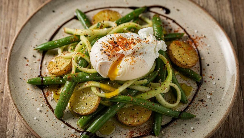 Salade de haricots verts, pommes de terre, courgettes et œuf au gomasio d'Espelette