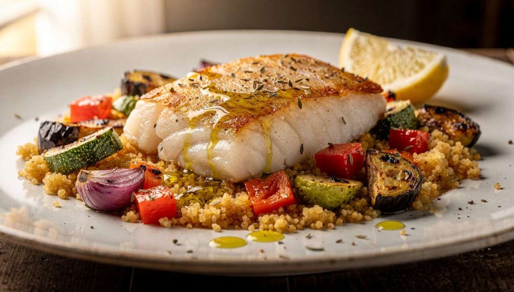 Recette de cabillaud poêlé avec couscous aux légumes rôtis