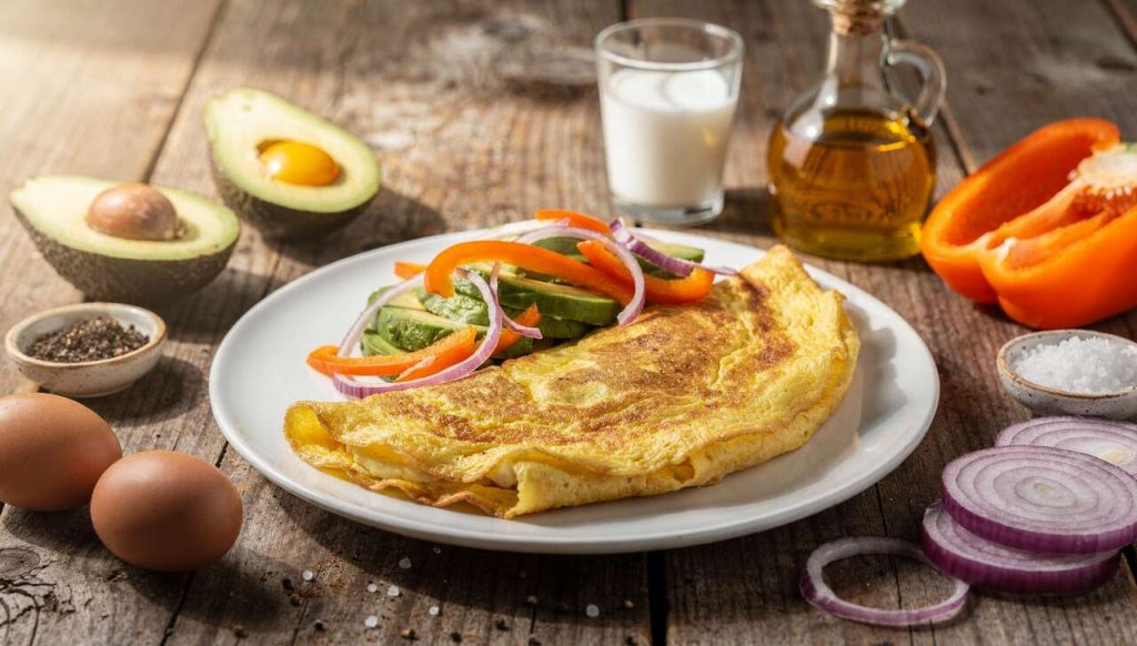 Omelette à l'avocat, poivron orange et oignon rouge