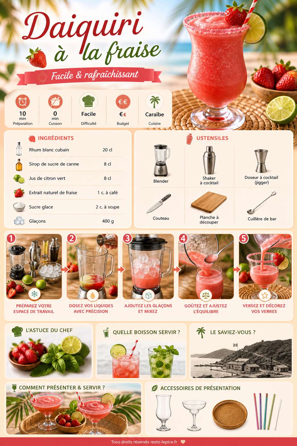 Fiche recette Recette du daiquiri &agrave; la fraise facile et rafra&icirc;chissant